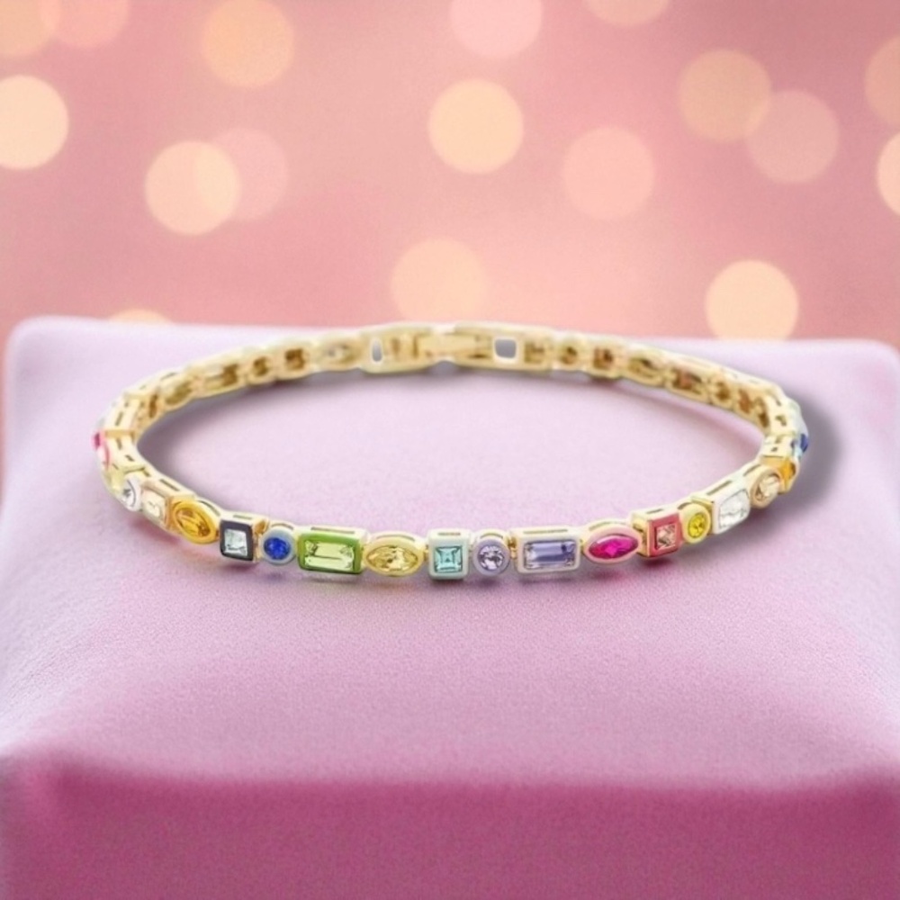 Hand Enameled Rainbow Amethyst, Ruby, Sapphire Bracelet in Gold